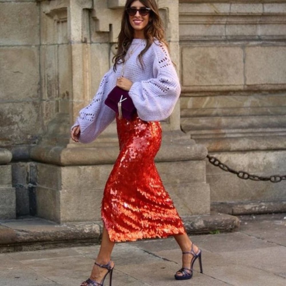 NWT ZARA Red Sequin Midi Skirt - Medium